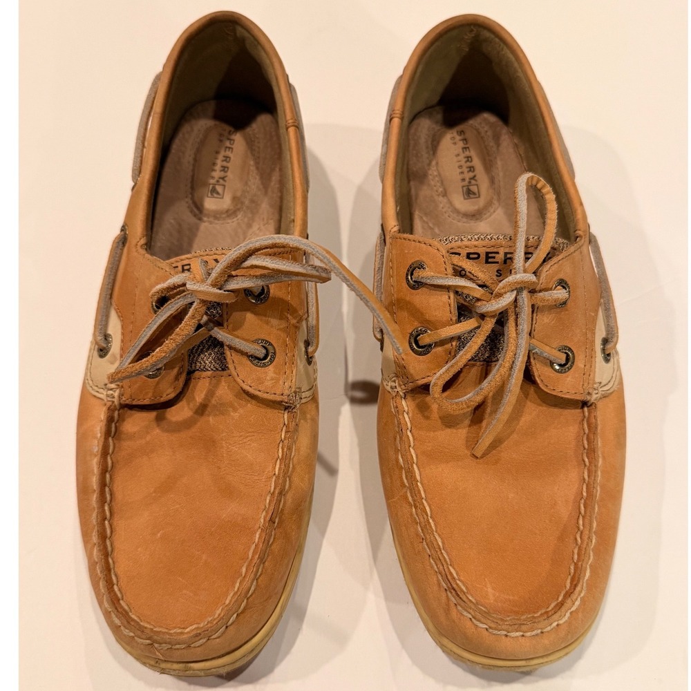 Sperry Top-Sider Womens 8.5M Tan Leather Mesh Boat Shoes 9276619 Coastal Preppy